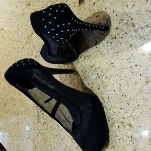 Ladies Black Shoes Size 9 Suede and Sheer  fabrics embellished with siver studs.